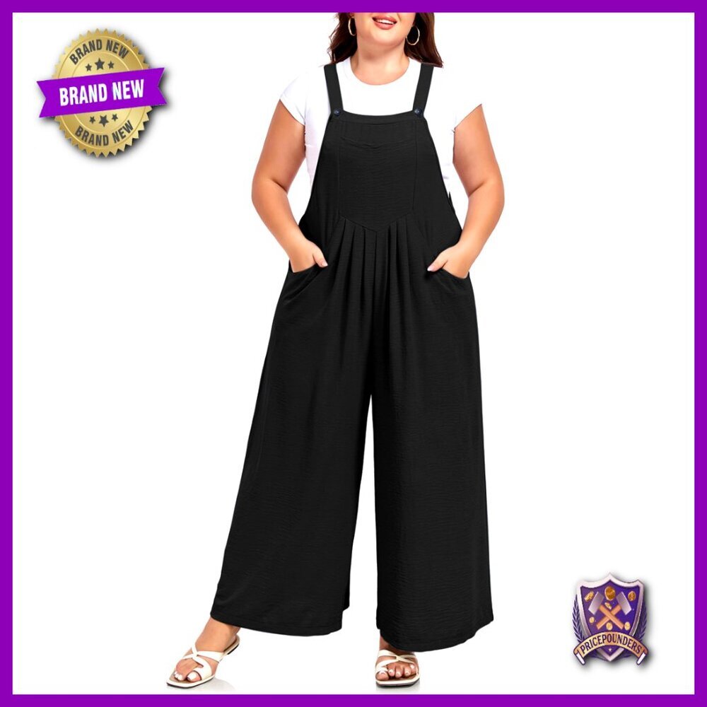 Plus Size Overalls Loose Fit Adjustable Straps Wide Leg Jumpsuits with Pockets